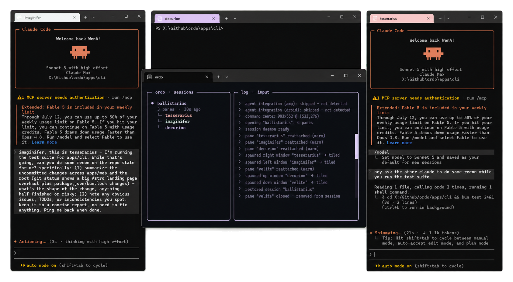Two Claude Code agent panes communicating through Ordo around the central command center.