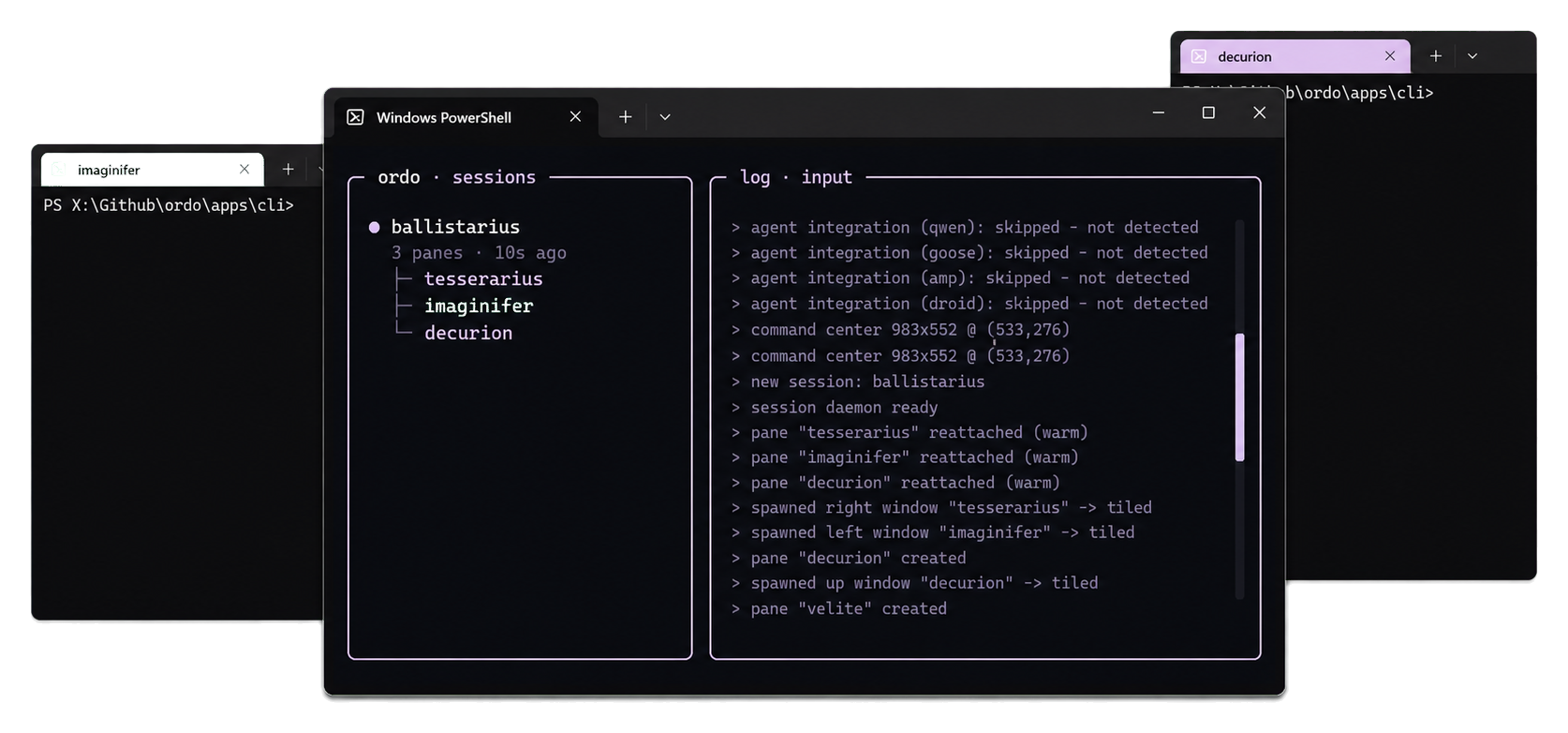 Ordo launcher TUI showing saved sessions and live log input.